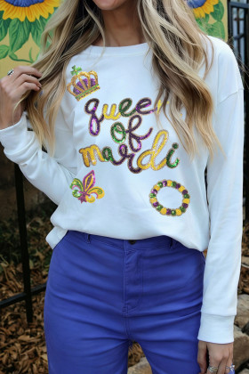 White Queen of Mardi Sequin Carnival Long Sleeve Tee