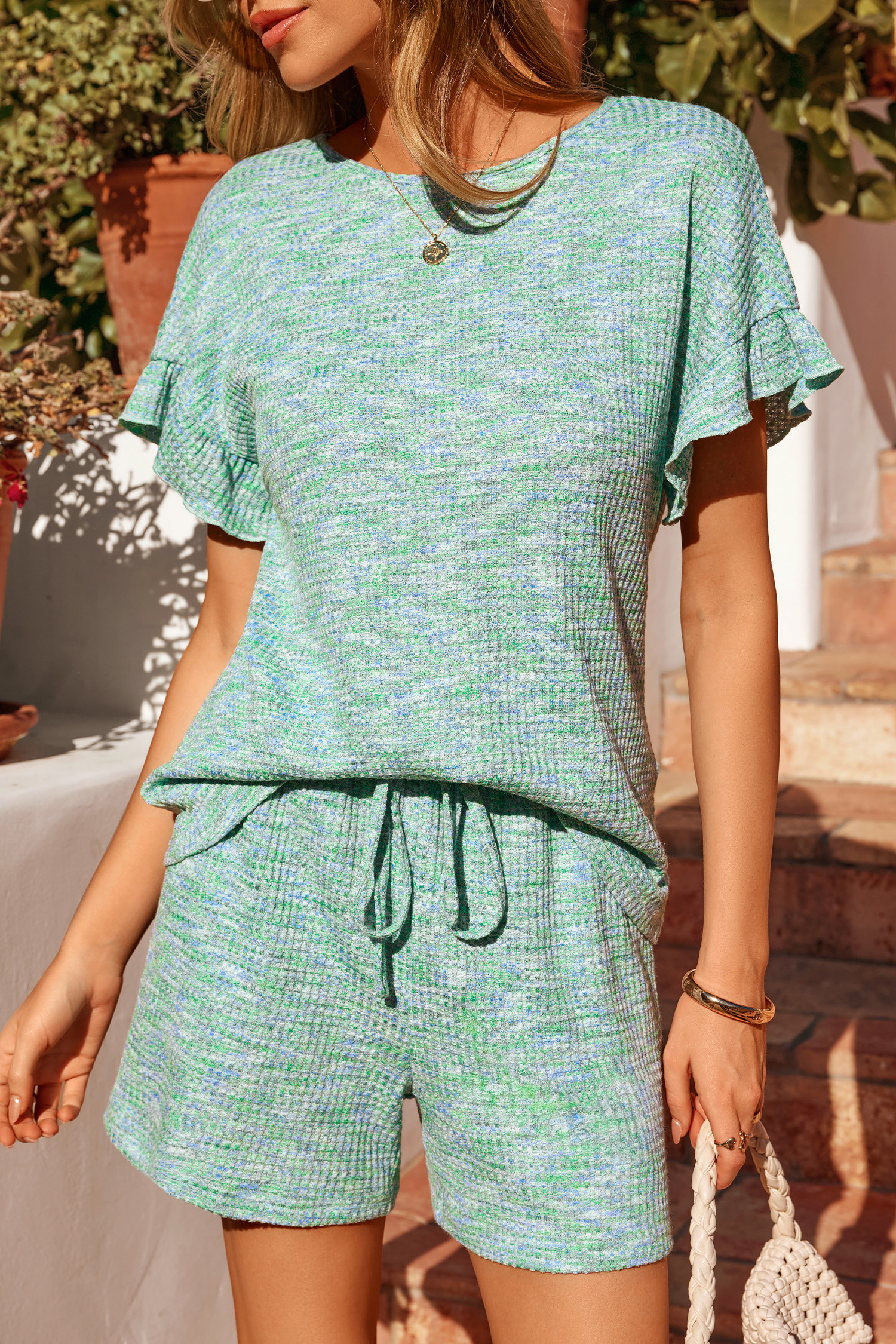 Moonlight Jade Heather Textured Ruffle Sleeve Top and Drawstring Shorts Set