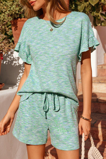Conjunt de top amb màniga amb volants texturitzats i pantalons curts amb cordó Moonlight Jade Heather