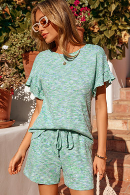 Moonlight Jade Heather Textured Ruffle Sleeve Top and Drawstring Shorts Set