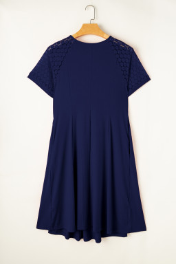 Navy Blue Plus Size Solid Color Lace Short Sleeve Pleated Swing Dress