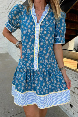 Blue Striped Trim Half Buttons Short Sleeve Floral Dress