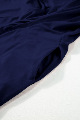 Navy Blue Plus Size Solid Color Lace Short Sleeve Pleated Swing Dress