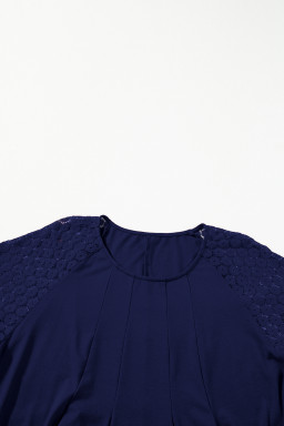 Navy Blue Plus Size Solid Color Lace Short Sleeve Pleated Swing Dress