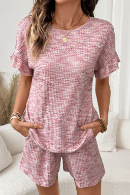 Light Pink Heather Textured Ruffle Sleeve Top and Drawstring Shorts Set