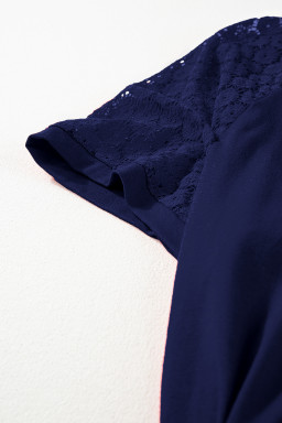 Navy Blue Plus Size Solid Color Lace Short Sleeve Pleated Swing Dress