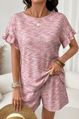 Light Pink Heather Textured Ruffle Sleeve Top and Drawstring Shorts Set