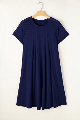 Navy Blue Plus Size Solid Color Lace Short Sleeve Pleated Swing Dress