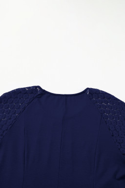 Navy Blue Plus Size Solid Color Lace Short Sleeve Pleated Swing Dress