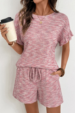 Light Pink Heather Textured Ruffle Sleeve Top and Drawstring Shorts Set