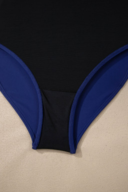 Navy Blue Color Block Detail Adjustable Straps One Piece Swimsuit
