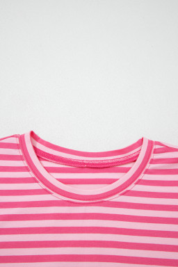 Rose Stripe Drop Shoulder Round Neck Top and Buttoned Straight Pants Two Piece Set