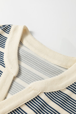 Blue Stripe Ruffled Short Sleeve Contrast Trim Button Notched Neck Midi Dress