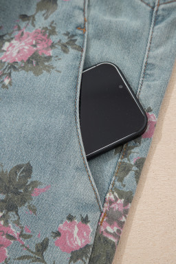 Beau Blue Floral Print Pleated High Waist Wide Leg Denim Jumpsuit