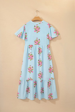 Sky Blue Notched Neck Flutter Short Sleeve Floral Print Maxi Dress