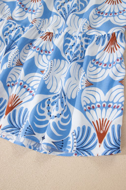 Sky Blue Tropical Botanic Print Flutter Sleeve Vacation Long Dress