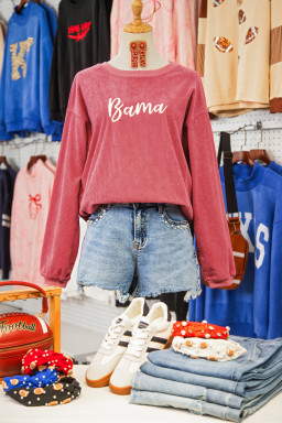 Strawberry Pink Corded Ribbed Bama Embroidered Letter Graphic Sweatshirt