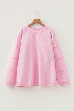 Pink Drop Shoulder Long Sleeve Plus Size Ribbed Top