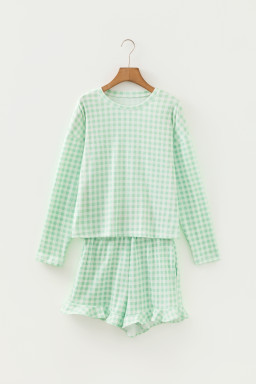 Green Gingham Long Sleeve Loose Top Drawstring Shorts 2pcs Lounge Set