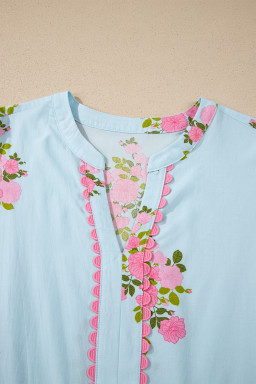 Sky Blue Notched Neck Flutter Short Sleeve Floral Print Maxi Dress