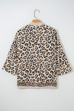 Khaki Mixed Leopard Patchwork 3/4 Sleeve Loose Shirt