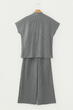 Dark Grey Twisted Ribbed High Neck Loose Tee Elastic High Waist Loose Pant Set