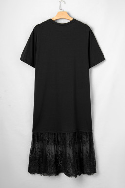 Black Plus Size Lace Hem Patchwork T Shirt Midi Dress