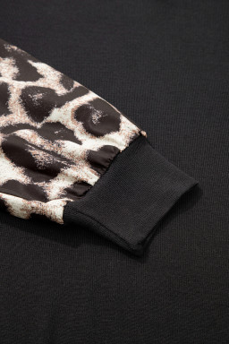 Khaki Leopard Puff Sleeve Patchwork Top