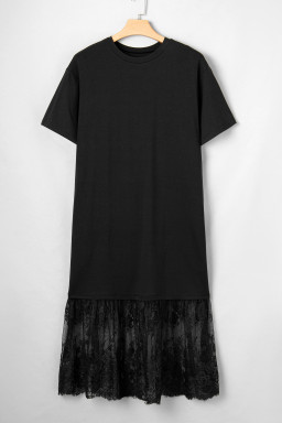 Black Plus Size Lace Hem Patchwork T Shirt Midi Dress