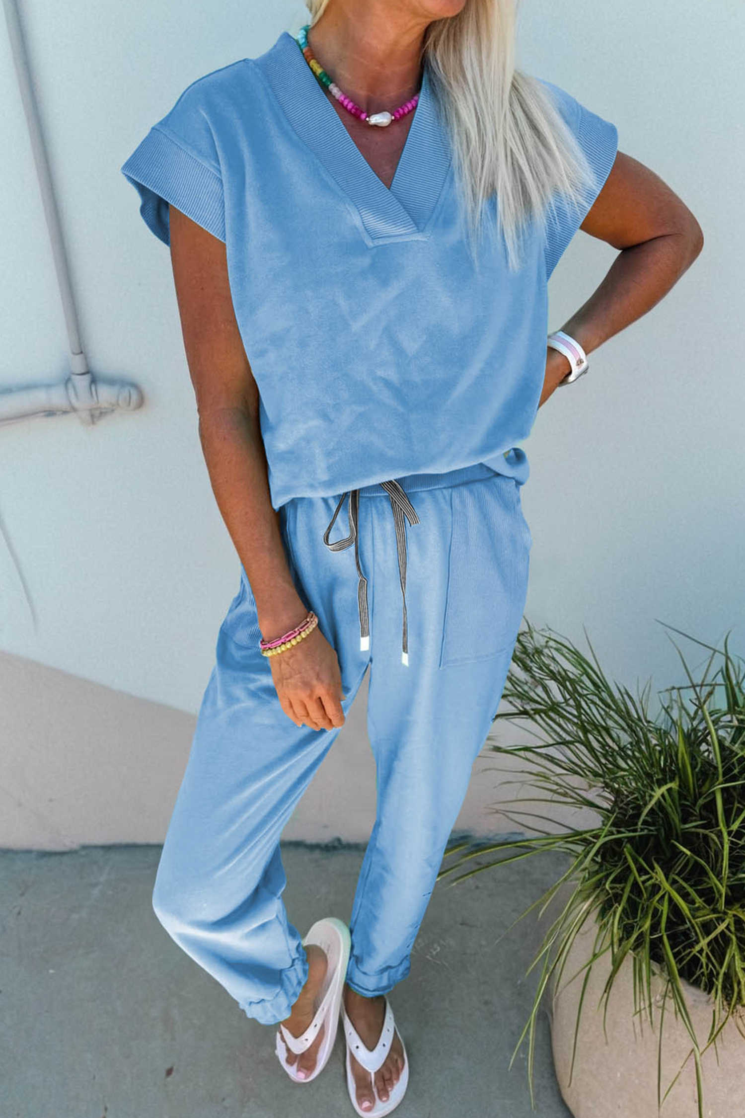 Beau Blue Solid Color V Neck Tee Drawstring Pant Set