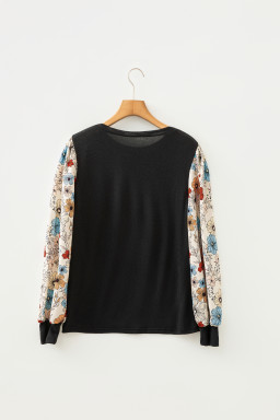 Apricot Flower Puff Sleeve Patchwork Top