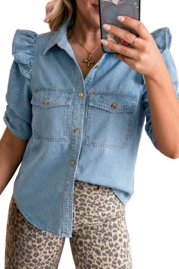 Myosotis Ruffle Detail Short Puff Sleeve Button Down Flap Pocket Denim Shirt