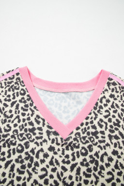 White Contrast V Neck Varsity Short Sleeve Leopard Top