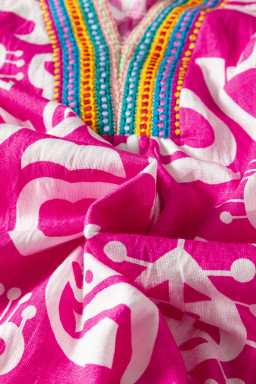 Rose Boho Mixed Print Contrast Trim V Neck Short Sleeve Flared Dress