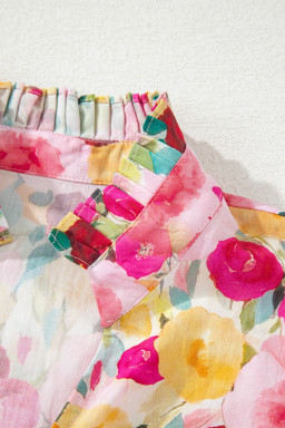 Pink Floral Frilled V Neck Puff Short Sleeve Blouse