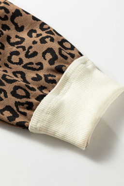 Beige Raw Seam Color Block Leopard Patchwork Baggy Long Sleeve Top
