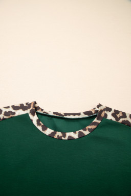 Sea Green Leopard Trim Round Neck Loose T Shirt