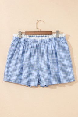 Sky Blue Contrast Trim Plaid Print Plus Size Shorts