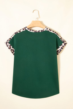 Sea Green Leopard Trim Round Neck Loose T Shirt