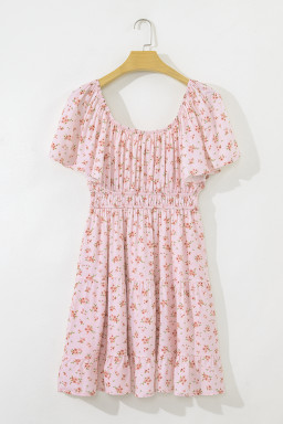 Pink Front Tie Shirred Waist Short Sleeve Ruffled Floral Mini Dress