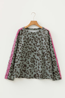 Green Leopard Print Varsity Striped Trim Long Sleeve Top