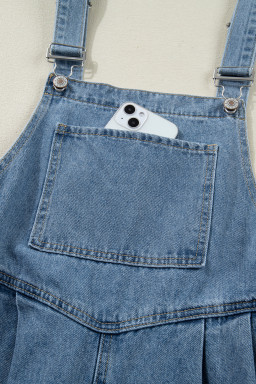 Dusk Blue Pleated Wide Leg Retro Pocketed Denim Jumpsuit