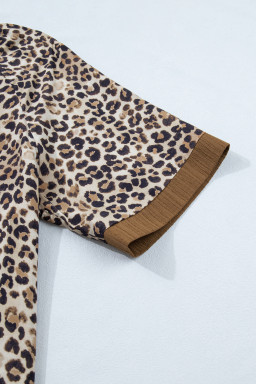 Brown Plus Size Leopard Print Crinkled Colorblock Patchwork V Neck Blouse