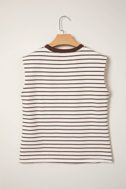 Brown Stripe Ribbed Round Neck Trim Loose Tank Top
