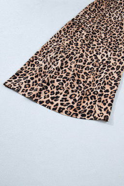 Khaki Cheetah Printed Contrast Lace Detail Ruffled Wide Leg Jumpsuit