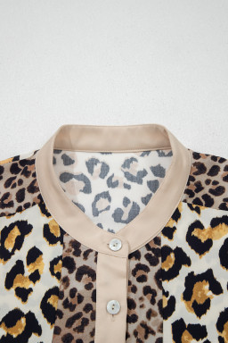 Khaki Mixed Leopard Patchwork 3/4 Sleeve Loose Shirt