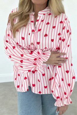 Pink Stripe Textured Heart Print Long Flounce Sleeve Shirt