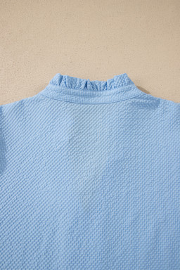 Beau Blue Flower Embroidered Puff Sleeve Split Neck Textured Blouse