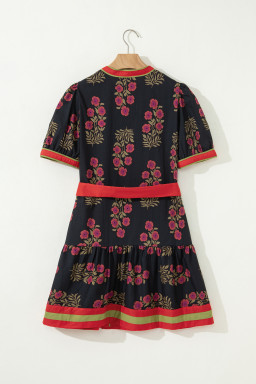 Black Retro Floral Print Button Down Belted Short Puff Sleeve Mini Dress
