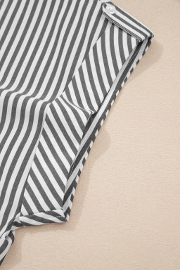 Black Stripe Plus Size V Neck Roll-tab Short Dolman Sleeve Blouse